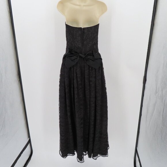 VTG Gunne Sax Jessica McClintock Women 9 Black Lace Strapless Gown Dress Bow - Picture 6 of 13